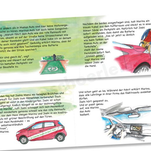 Sie kommt zum Beispiel mit einem Elektroauto. Aber noch viel mehr passiert in diesem Kinderbuch